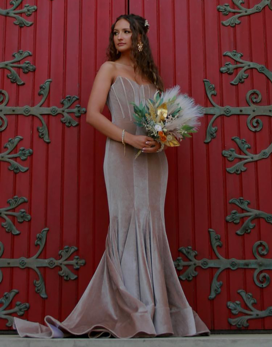 Champagne Mermaid Strapless Velvet Corset Long Prom Dress