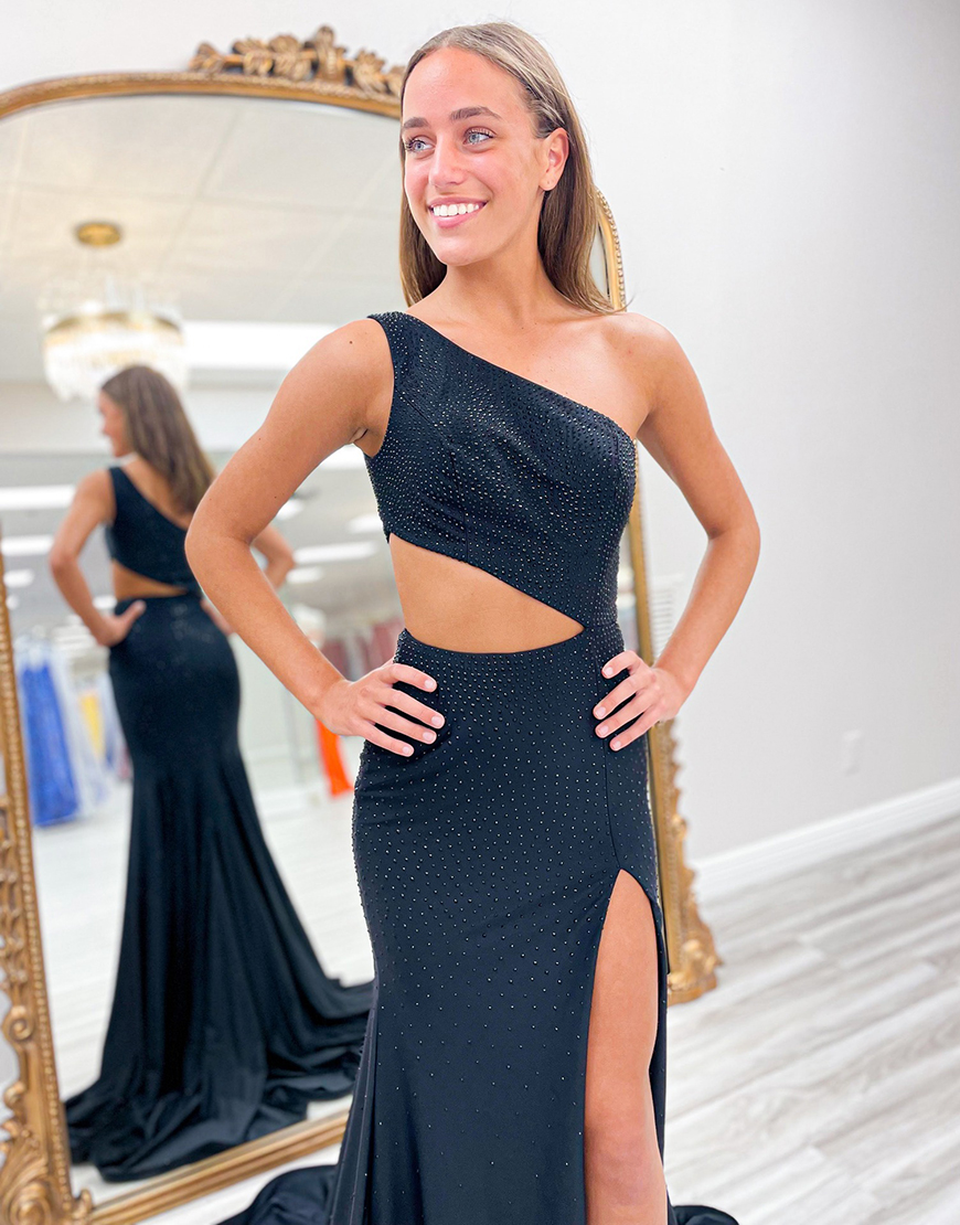 Sparkly Black Mermaid One Shoulder Beaded Hollow Out Long Prom Dress with Slit
