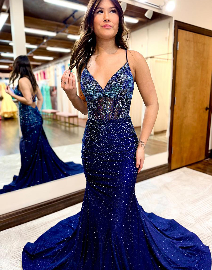 Sparkly Red Mermaid Spaghetti Straps Beaded Corset Long Prom Dress