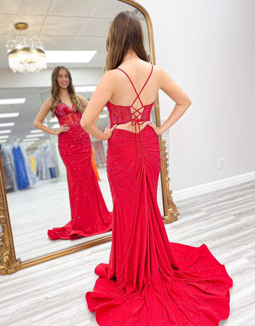 Sparkly Red Mermaid Spaghetti Straps Beaded Corset Long Prom Dress