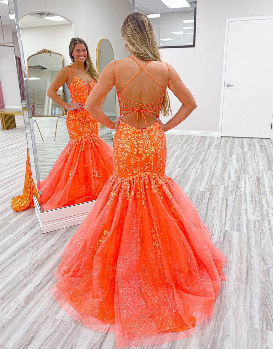 Sparkly Lilac Mermaid Spaghetti Straps Appliques Tulle Long Prom Dress