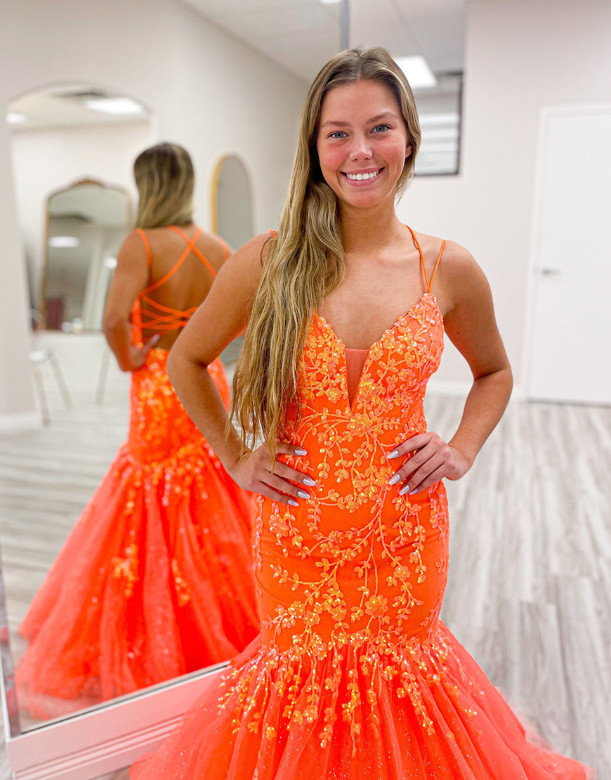 Sparkly Lilac Mermaid Spaghetti Straps Appliques Tulle Long Prom Dress