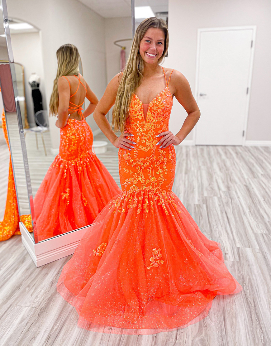 Sparkly Lilac Mermaid Spaghetti Straps Appliques Tulle Long Prom Dress