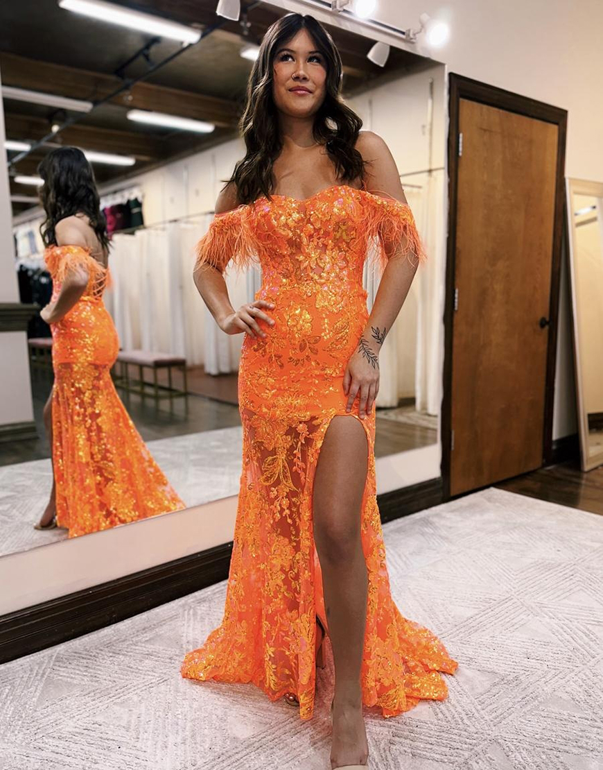 Glitter Orange Mermaid Feathered Off the Shoulder Sequined Lace Long Prom Dress with Slit