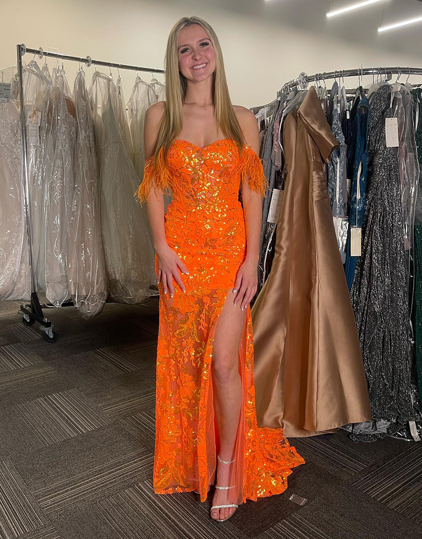 Sparkly Orange Mermaid Feathered Off the Shoulder Sequined Lace Long Prom Dress with Slit