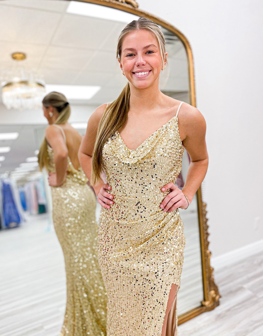 Sparkly Gold Mermaid Spaghetti Straps Sequins Long Prom Dress with Slit