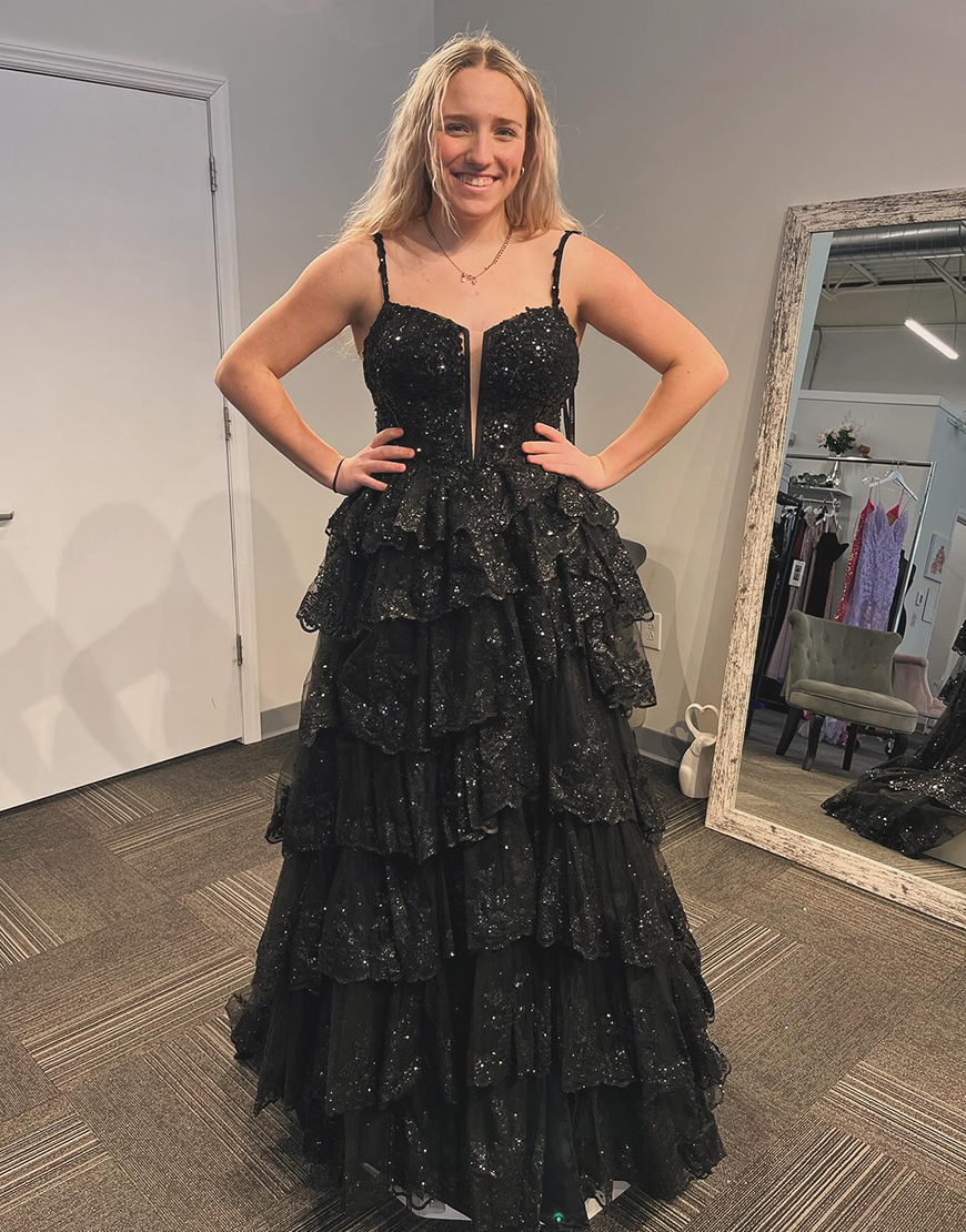 Sparkly Black A-Line Spaghetti Straps Sequined Ruffles Tulle Corset Long Prom Dress with Slit