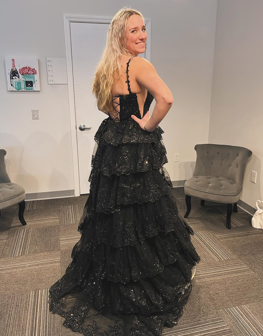 Sparkly Black A-Line Spaghetti Straps Sequined Ruffles Tulle Corset Long Prom Dress with Slit