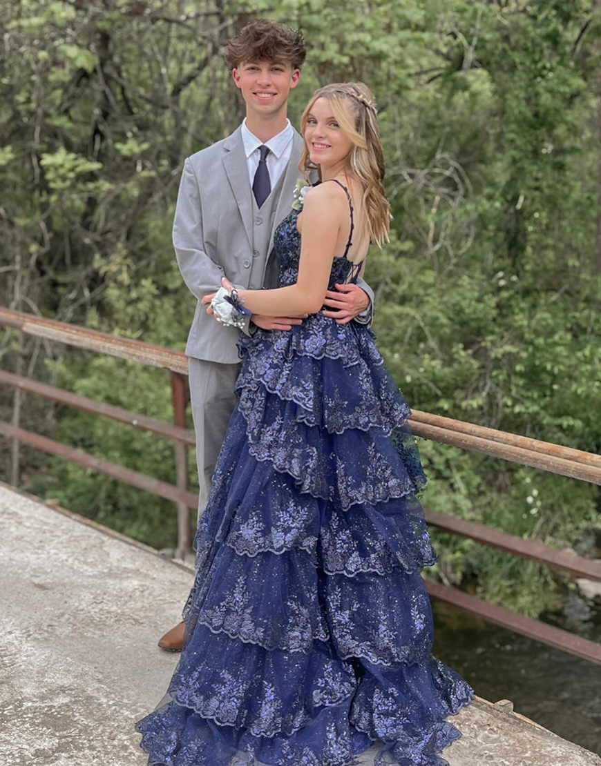 Sparkly Black A-Line Spaghetti Straps Sequined Ruffles Tulle Corset Long Prom Dress with Slit