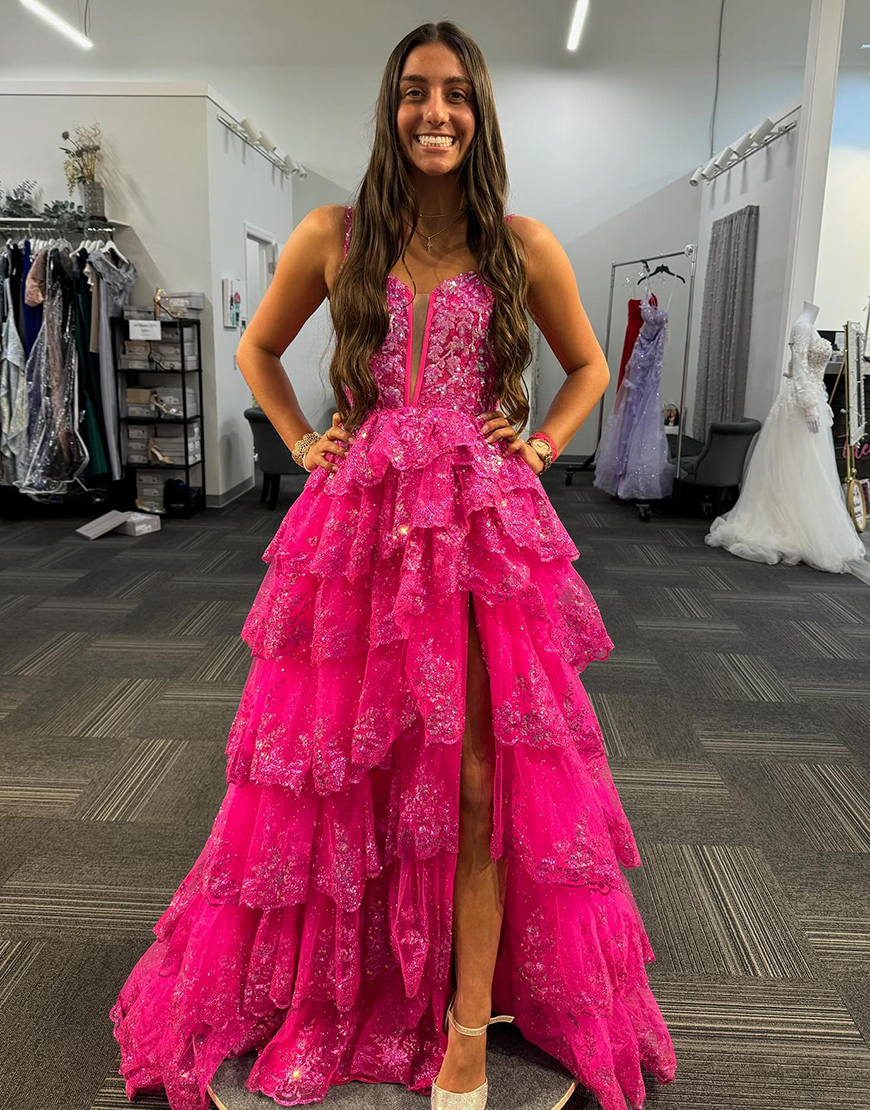 Sparkly Black A-Line Spaghetti Straps Sequined Ruffles Tulle Corset Long Prom Dress with Slit