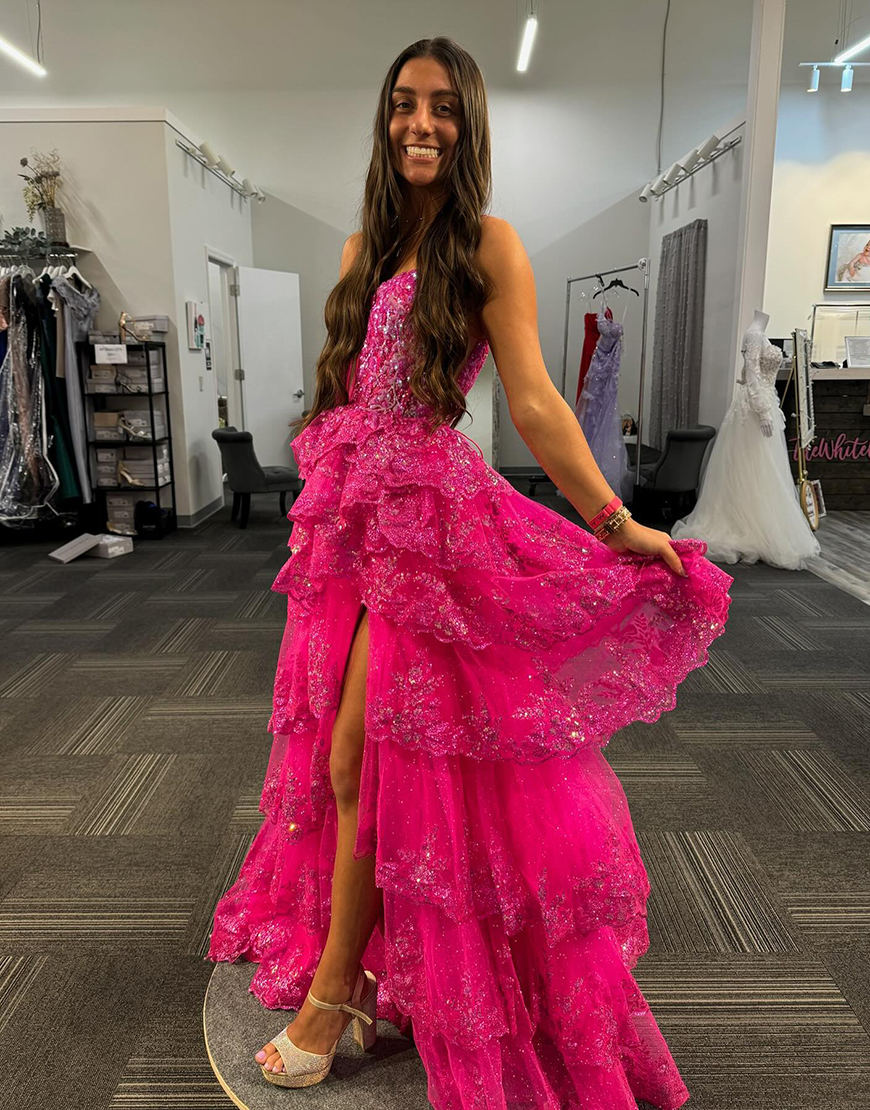 Sparkly Black A-Line Spaghetti Straps Sequined Ruffles Tulle Corset Long Prom Dress with Slit