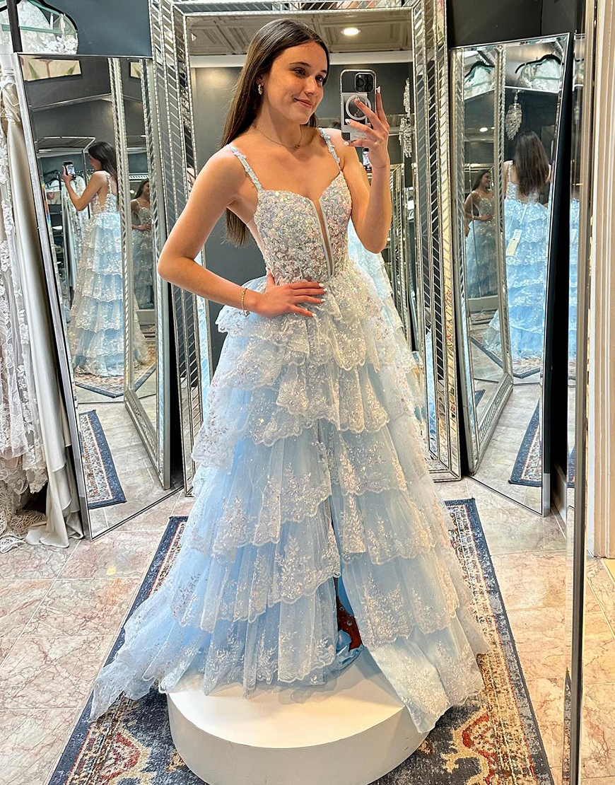 Sparkly Black A-Line Spaghetti Straps Sequined Ruffles Tulle Corset Long Prom Dress with Slit