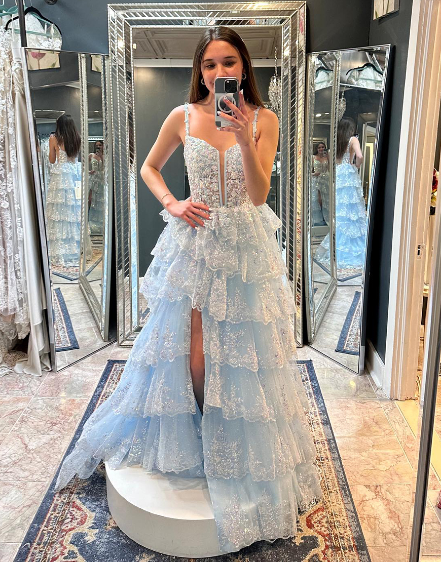 Sparkly Black A-Line Spaghetti Straps Sequined Ruffles Tulle Corset Long Prom Dress with Slit