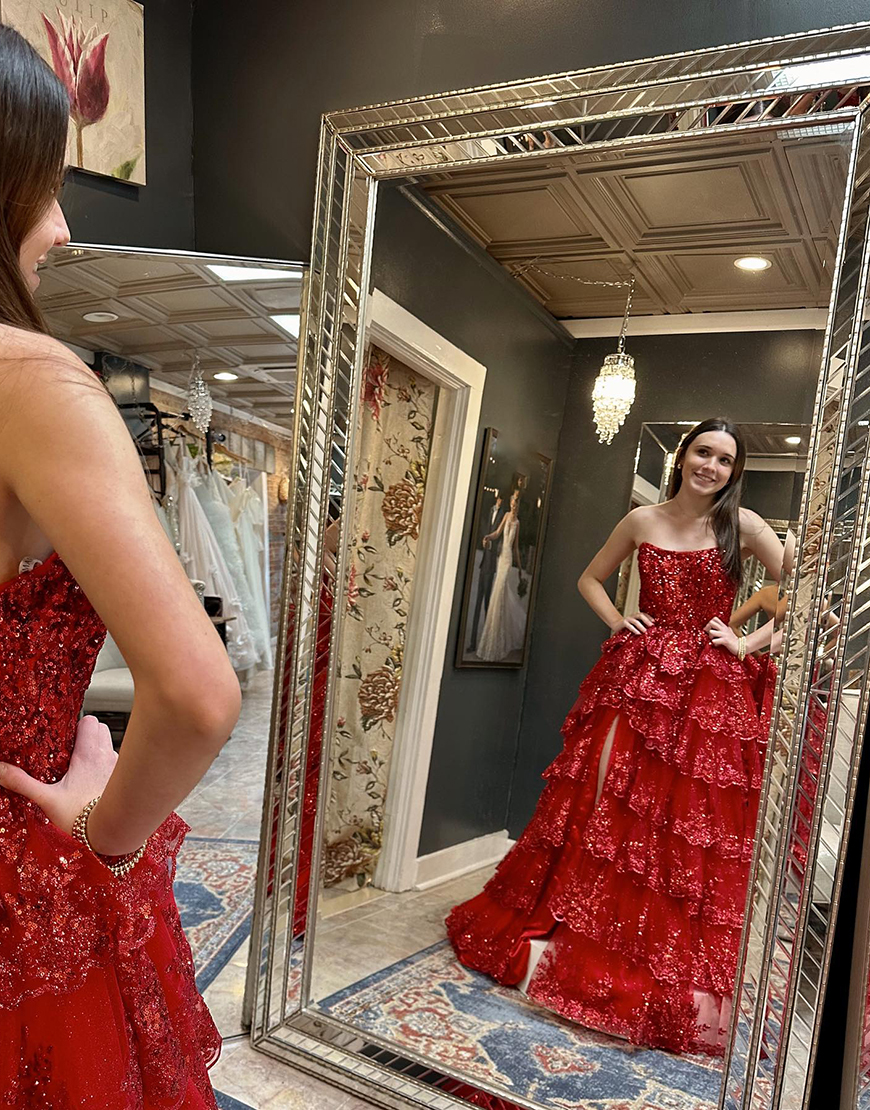 Sparkly Red A-Line Strapless Sequined Ruffles Tulle Long Prom Dress with Slit