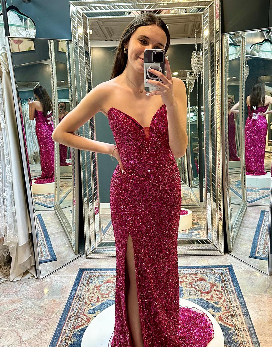 Sparkly Fuchsia Mermaid Strapless Sequins Long Prom Dress with Slit