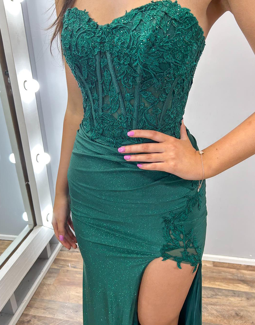 Sparkly Dark Green Mermaid Strapless Corset Appliques Long Prom Dress with Slit