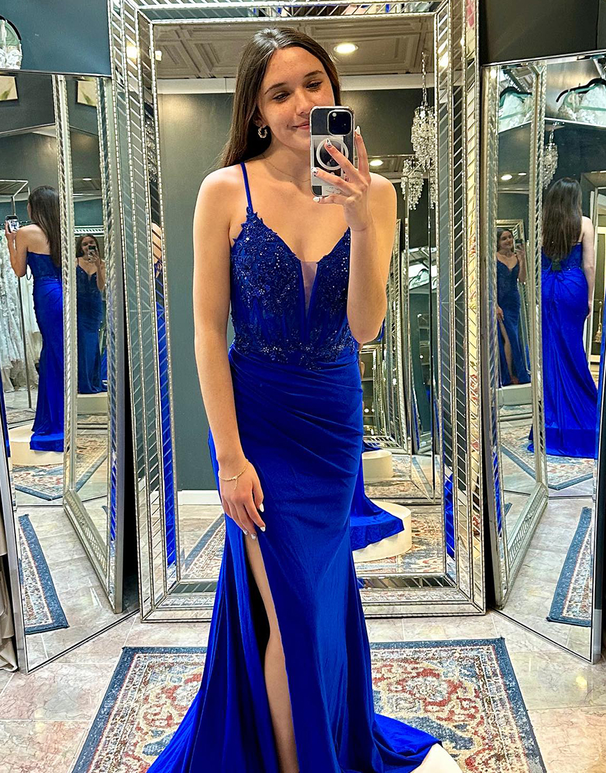 Sparkly Royal Blue Mermaid Spaghetti Straps Corset Appliques Long Prom Dress with Slit