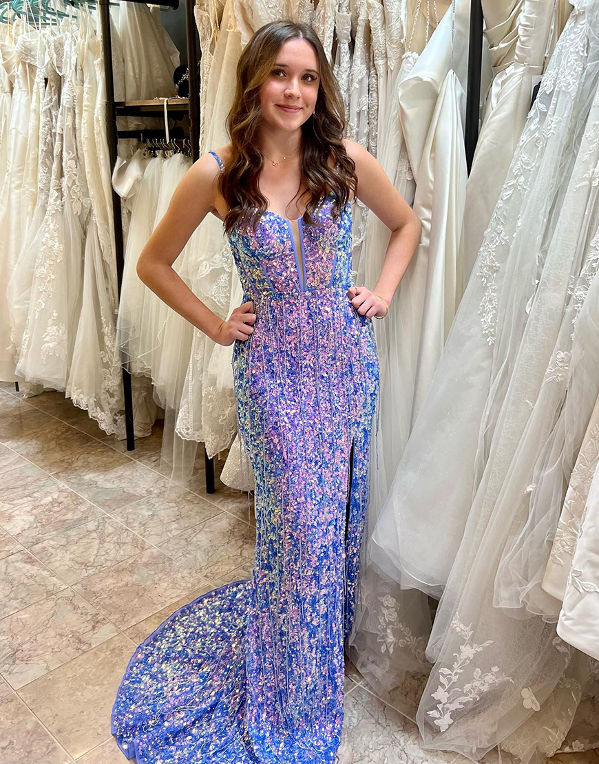 Sparkly Blue Mermaid Spaghetti Straps Tassels Long Prom Dress with Slit