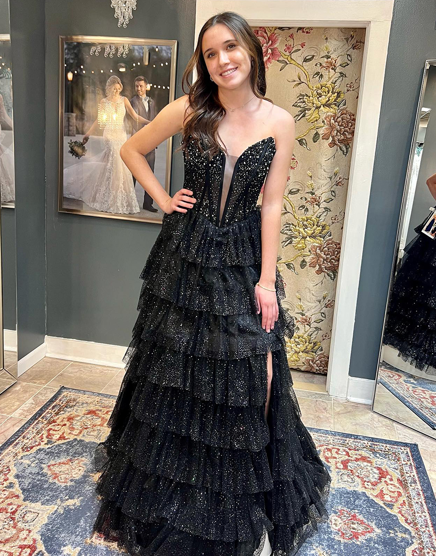 Sparkly Black A-Line Strapless Beaded Corset Ruffles Tulle Long Prom Dress with Slit