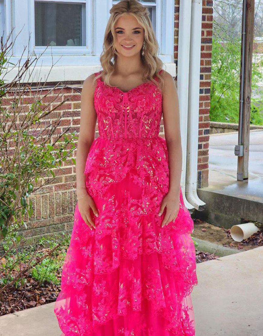 Sparkly Fuchsia A-Line Spaghetti Straps Corset Sequined Appliques Ruffles Tulle Long Prom Dress