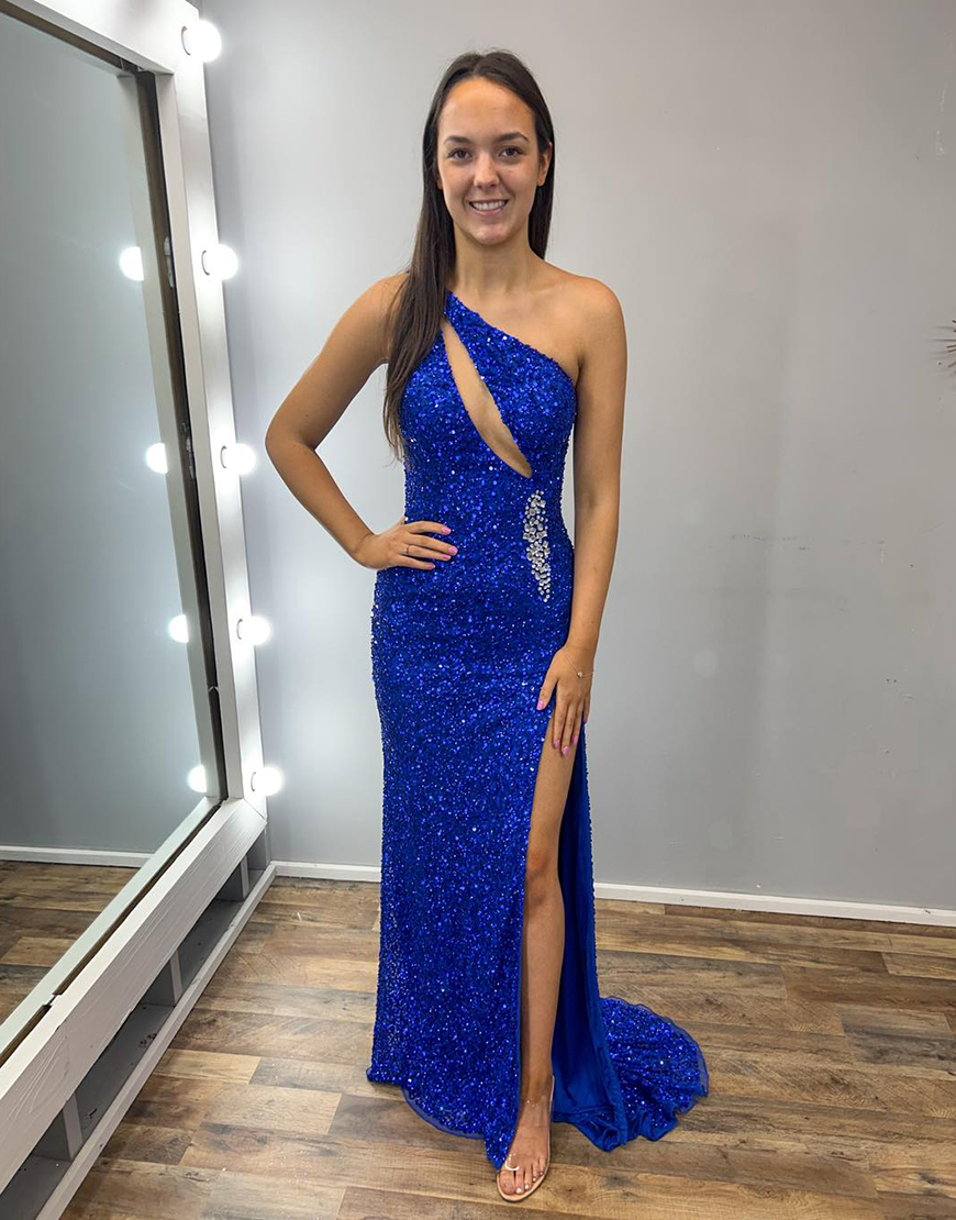 Sparkly Royal Blue Mermaid One Shoulder Sequins Hollow Out Long Prom Dress with Slit