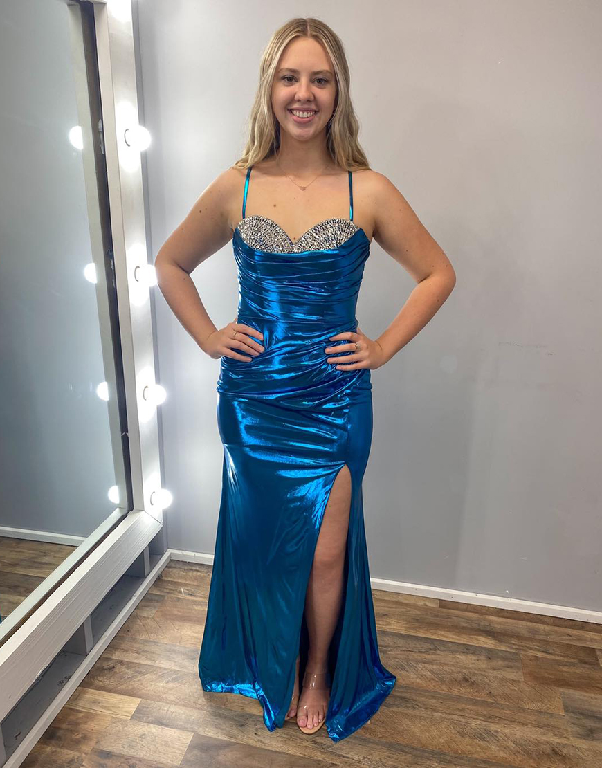 Metallic Turquoise Mermaid Spaghetti Straps Ruched Long Prom Dress with Slit
