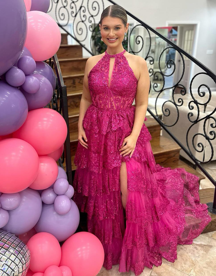Sparkly Fuchsia Halter Corset Sequined Appliques Ruffles Tulle Long Prom Dress with Slit