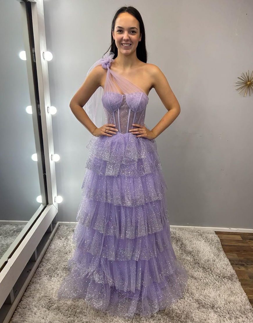Sparkly Lilac A-Line One Shoulder Ruffles Tulle Long Prom Dress