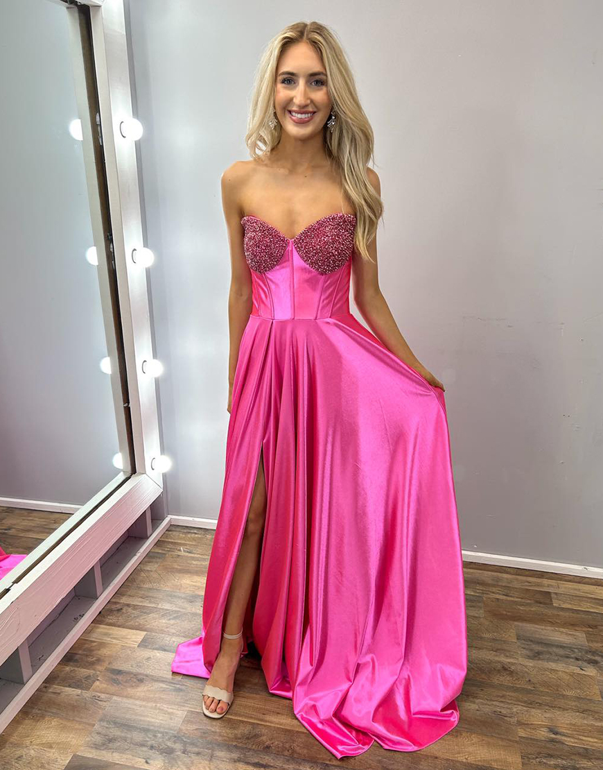 Sparkly Fuchsia A-Line Strapless Beaded Corset Satin Long Prom Dress with Slit