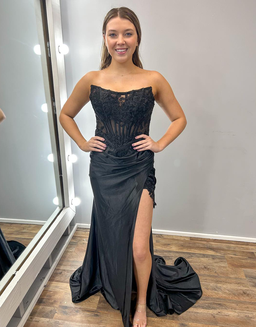 Sparkly Black Mermaid Strapless Appliques Corset Long Prom Dress with Slit