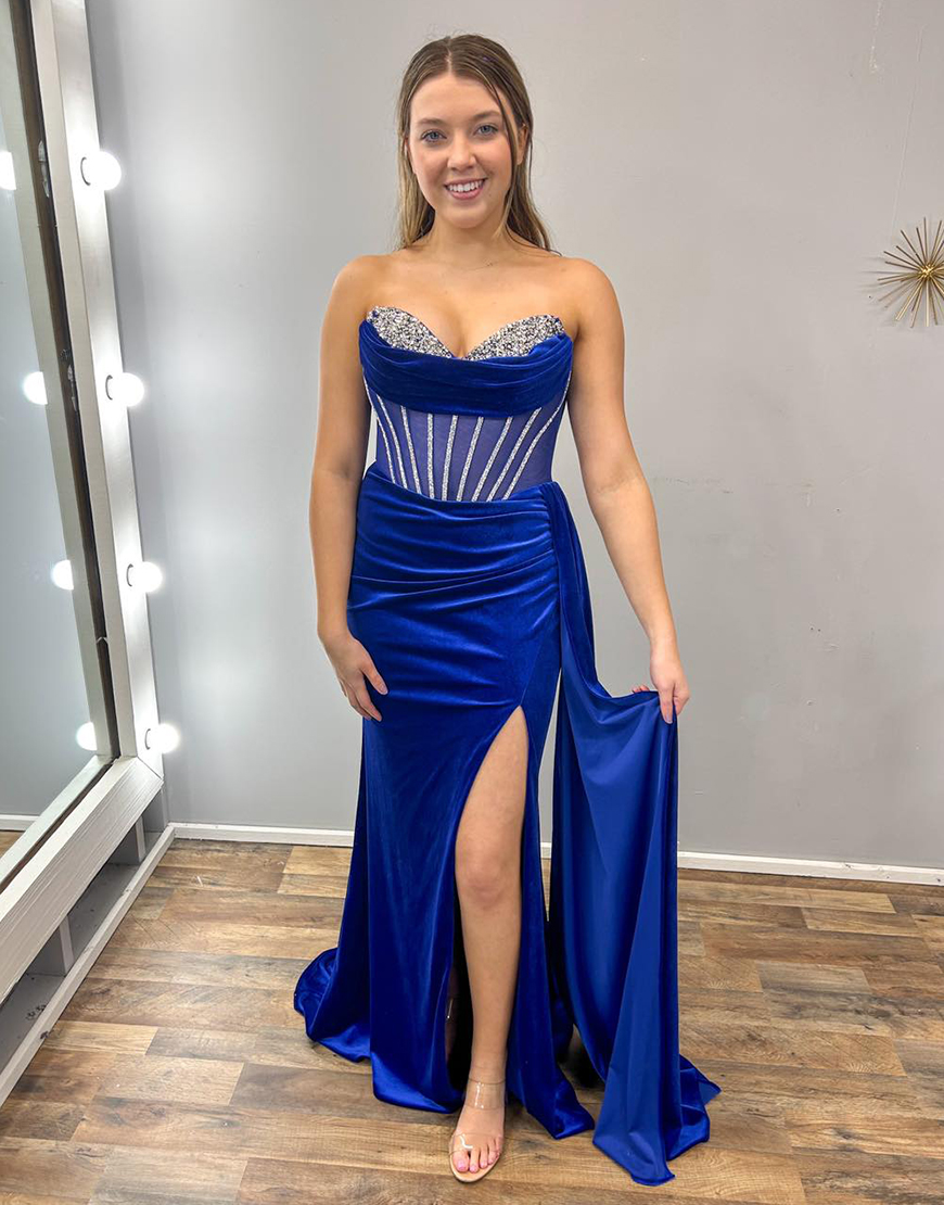 Sparkly Royal Blue Mermaid Rhinestones Strapless Corset Velvet Long Prom Dress with Slit