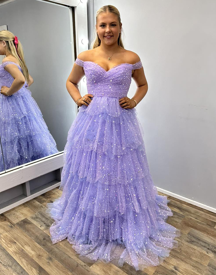 Sparkly Lilac Off the Shoulder Ruffles Sequined Tulle Long Prom Dress