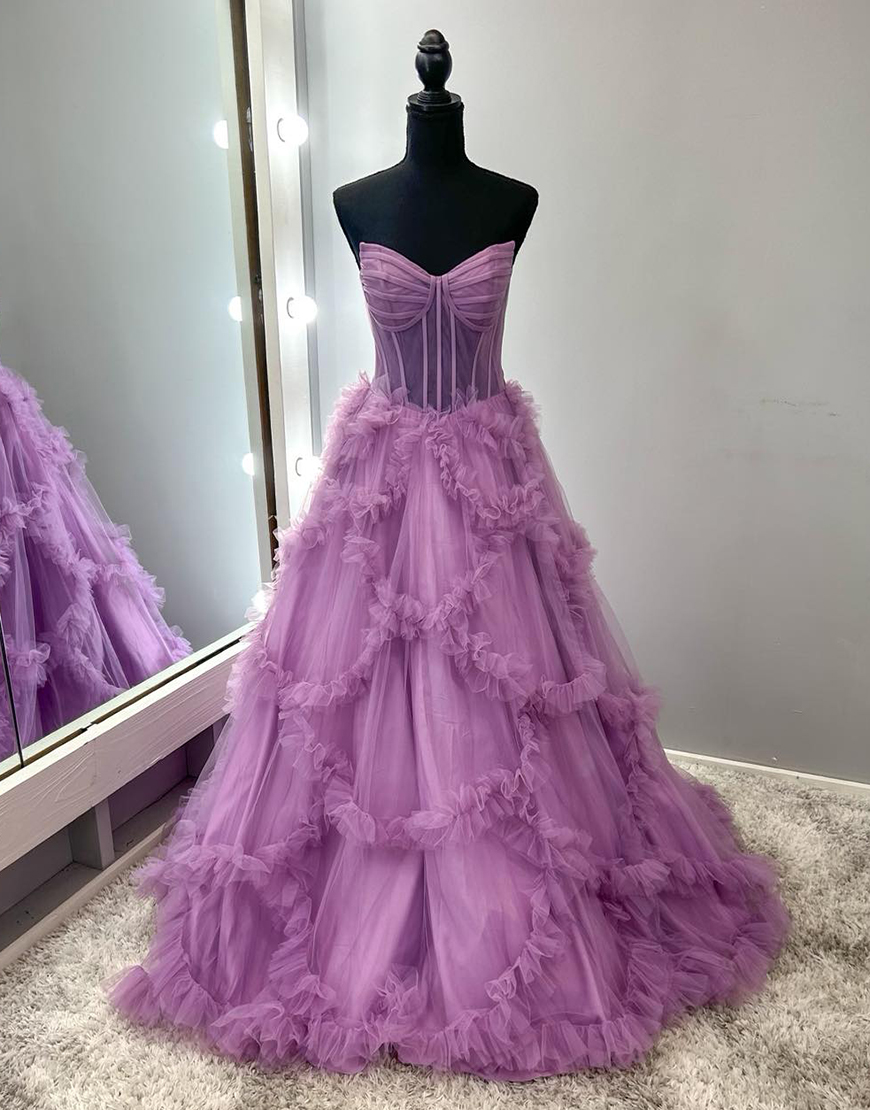 Taro Purple A-Line Strapless Corset Ruffles Tulle Long Prom Dress