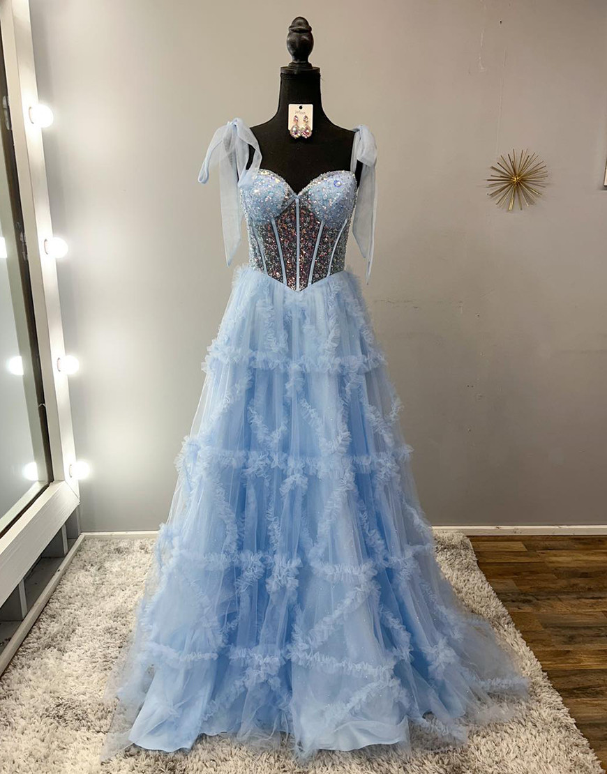 Sparkly Light Blue A-Line Spaghetti Straps Sequined Corset Ruffle Tulle Long Prom Dress