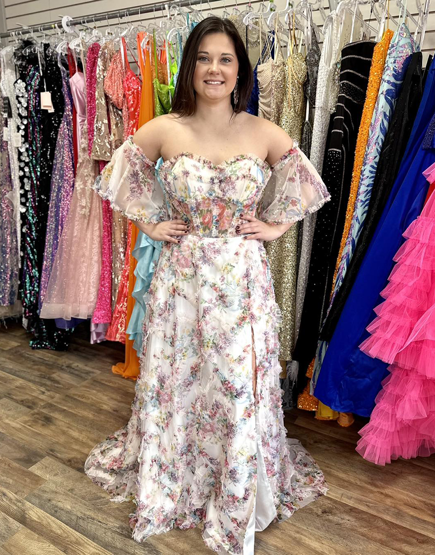 White Floral A-Line Strapless Ruffles Corset Long Prom Dress with Slit