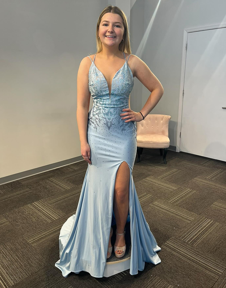 Sparkly Grey Blue Mermaid Spaghetti Straps Beaded Embroidery Long Prom Dress with Slit