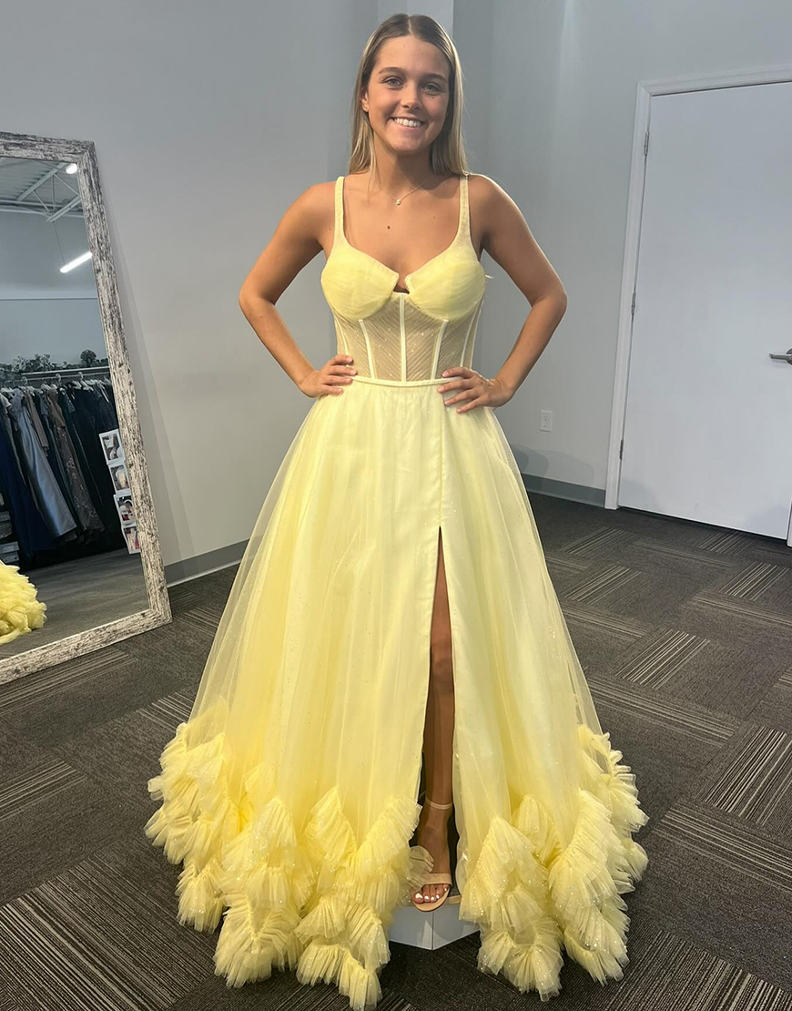 Sparkly Yellow A-Line Spaghetti Straps Corset Ruffles Long Prom Dress with Slit