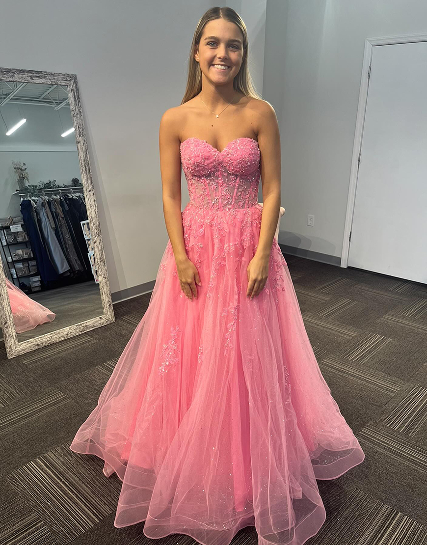 Sparkly Pink A-Line Strapless Sequined Appliques Corset Tulle Long Prom Dress