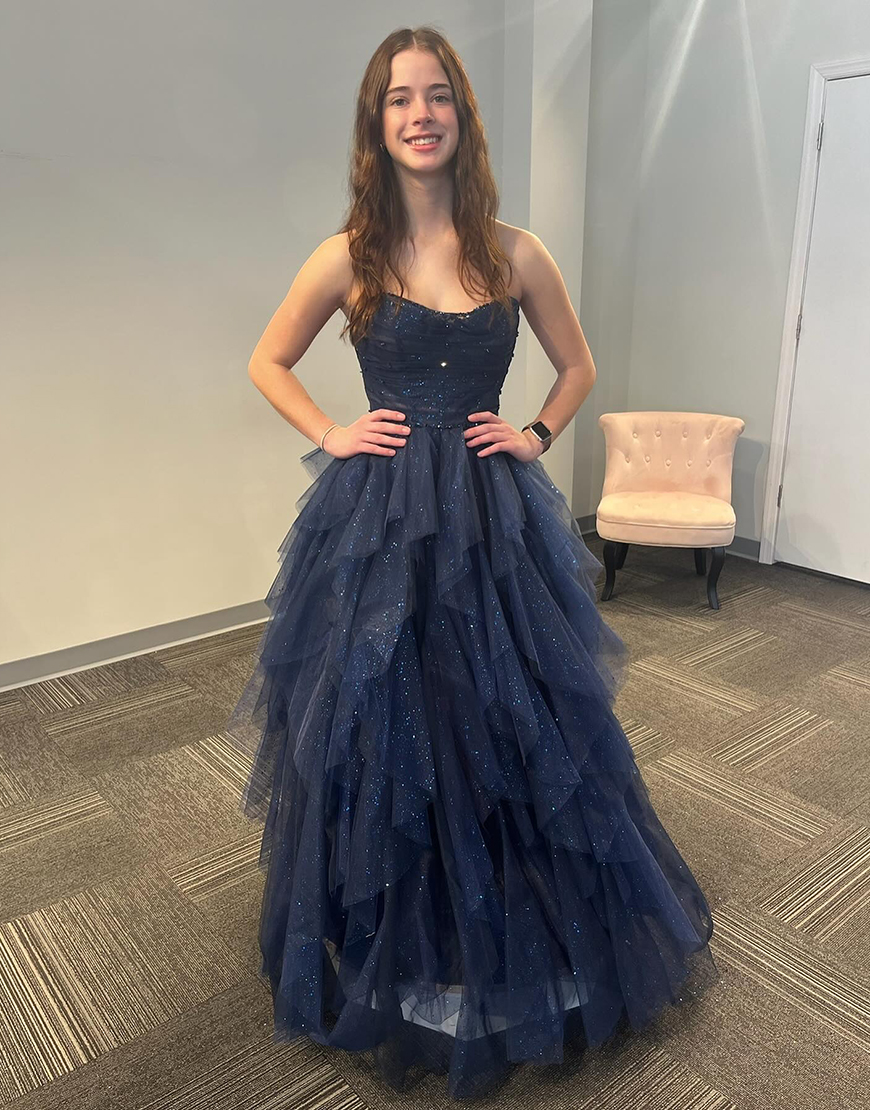 Sparkly Navy A-Line Corset Strapless Ruffles Tulle Long Prom Dress