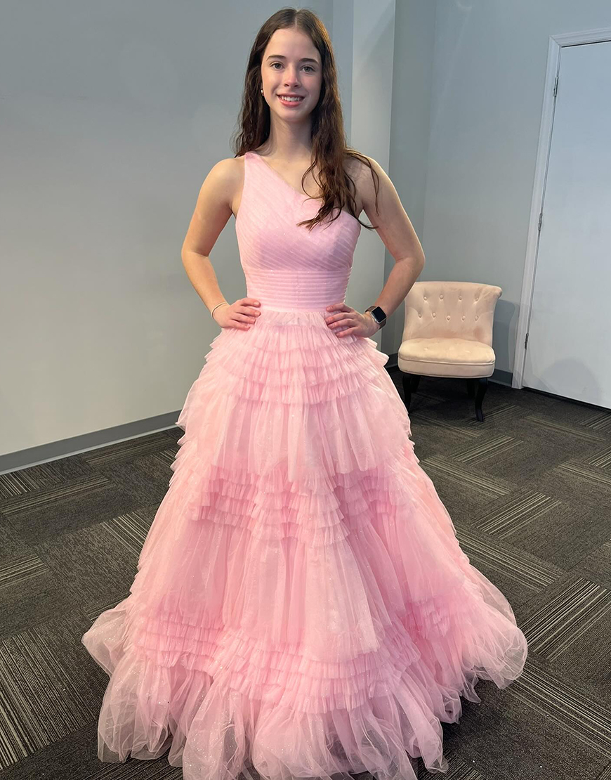 Light Pink A-Line One Shoulder Ruffles Tulle Long Prom Dress