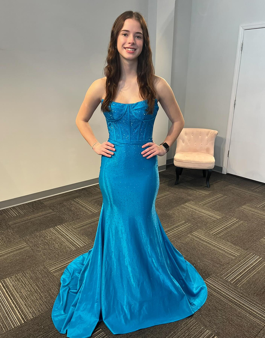 Sparkly Blue Mermaid Strapless Corset Beaded Satin Long Prom Dress