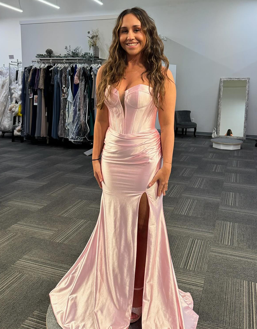 Light Pink Mermaid Strapless Corset Ruched Satin Long Prom Dress with Slit