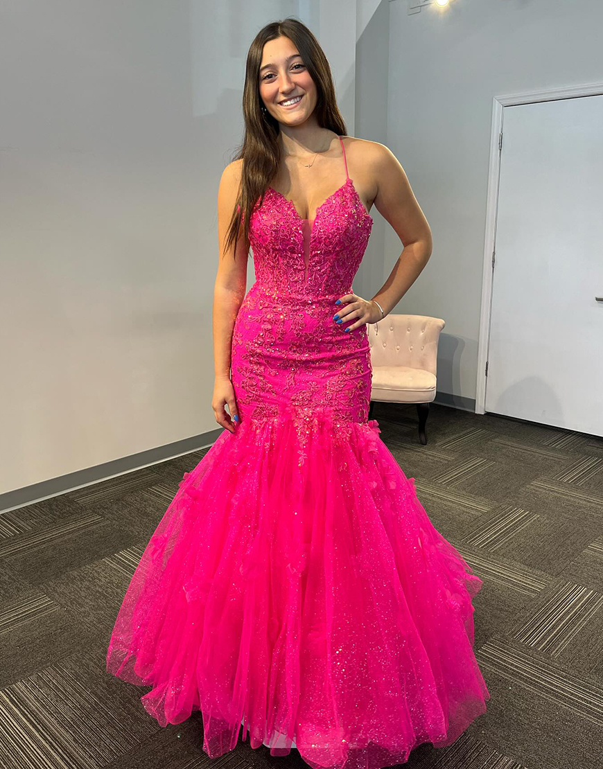 Sparkly Fuchsia Mermaid Spaghetti Straps Sequined Appliques Corset Tulle Long Prom Dress