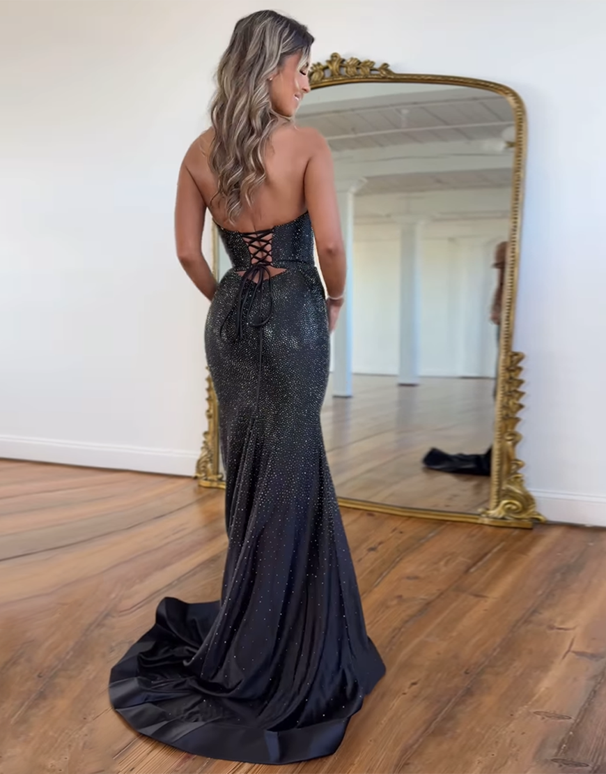 Sparkly Blush Beaded Strapless Mermaid Hollow Out Long Prom Dress with Slit