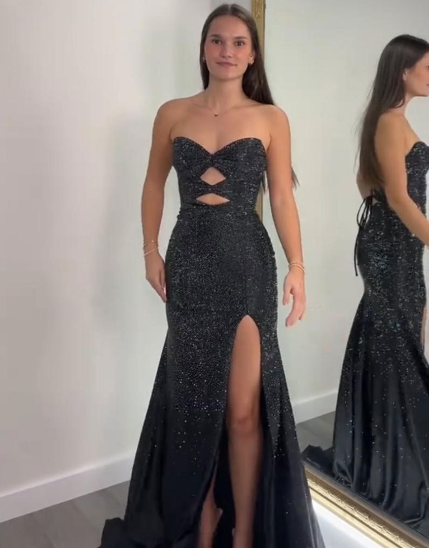 Sparkly Blush Beaded Strapless Mermaid Hollow Out Long Prom Dress with Slit