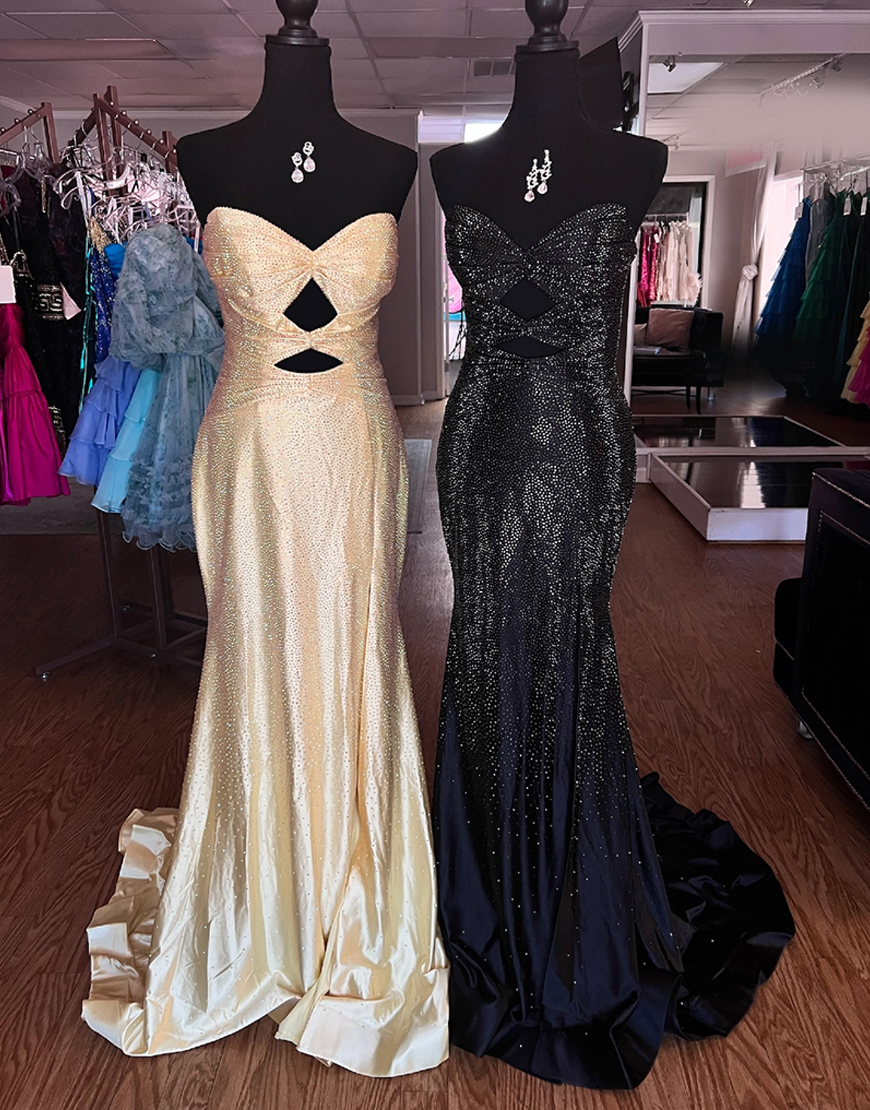 Sparkly Blush Beaded Strapless Mermaid Hollow Out Long Prom Dress with Slit