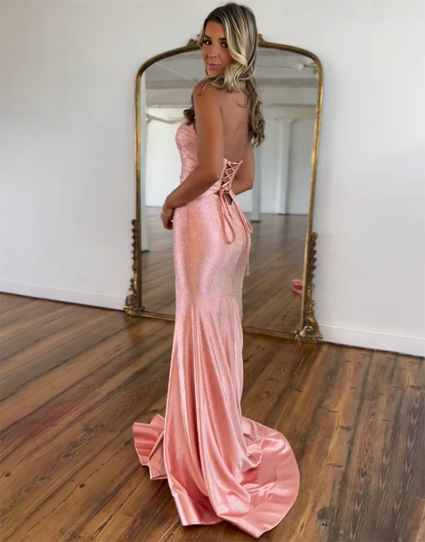 Sparkly Yellow Beaded Strapless Mermaid Hollow Out Long Prom Dress with Slit