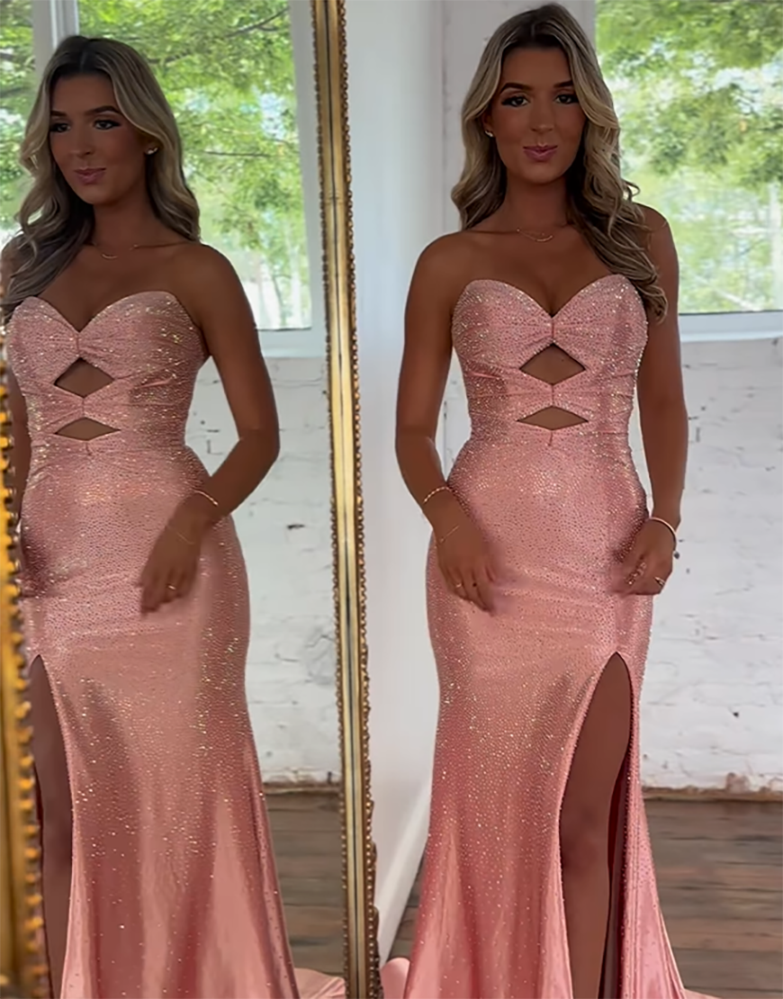 Sparkly Yellow Beaded Strapless Mermaid Hollow Out Long Prom Dress with Slit