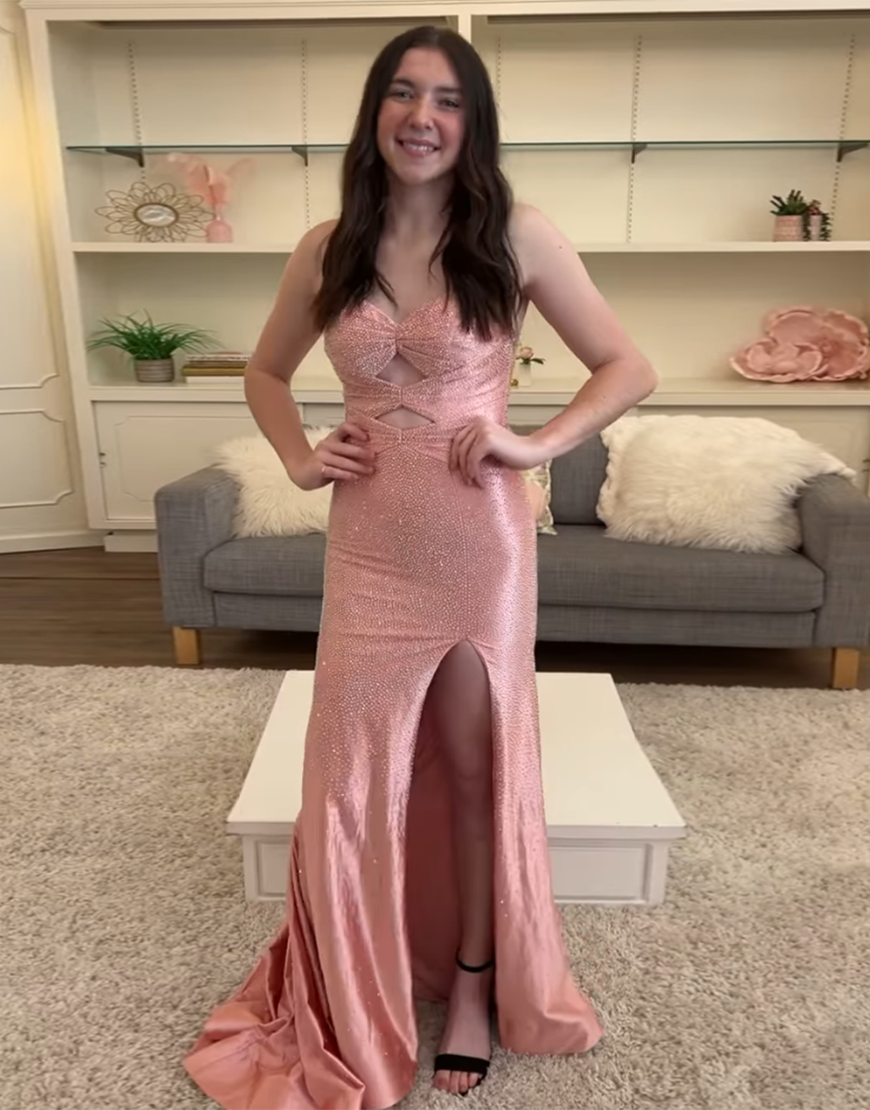 Sparkly Blush Beaded Strapless Mermaid Hollow Out Long Prom Dress with Slit