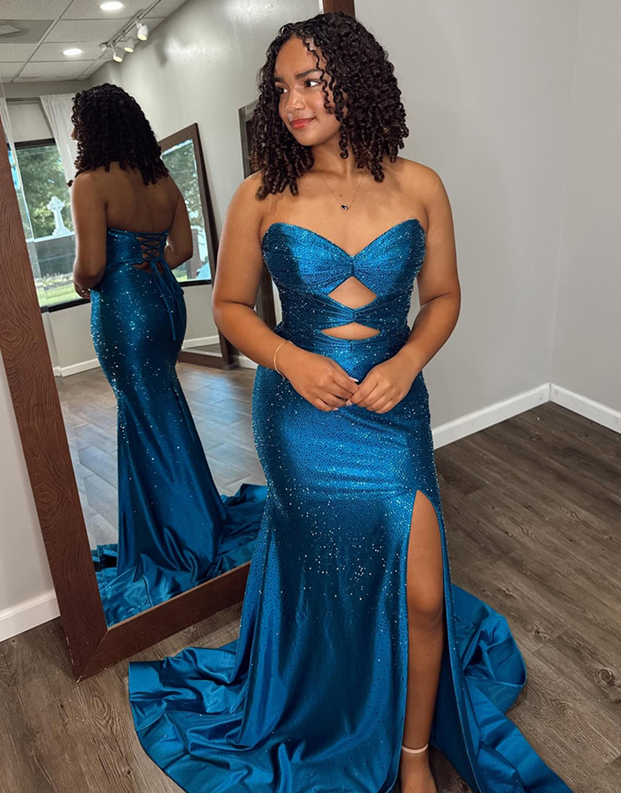 Sparkly Blush Beaded Strapless Mermaid Hollow Out Long Prom Dress with Slit